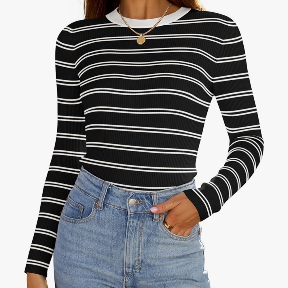 Women’s long sleeved crewneck striped shirt spring sweater knit slim fit NWT -S